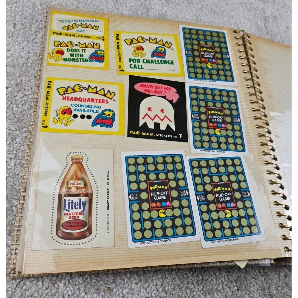 Vintage Sticker Album Tan Pac-Man Scratch Sniff 80s Collection Burlap Spiral